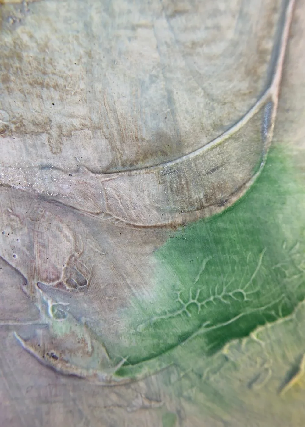 Close-up of green textures blending into muted grey with fine organic lines and subtle depth of "Between the Seconds No. 4".