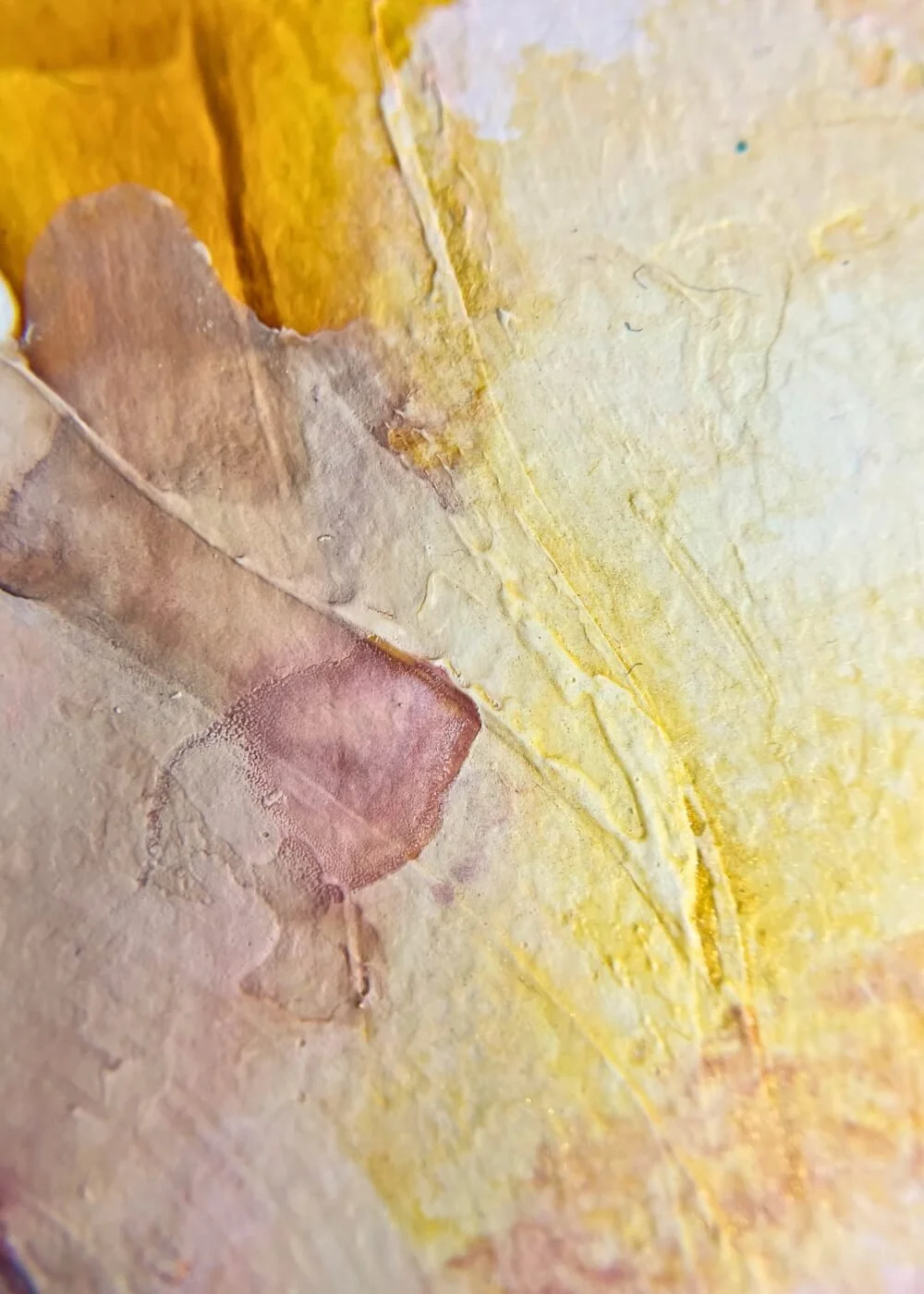 Close-up of “Held by Myself No. 6” – tactile healing artwork with soft yellow, rose, and cream textures layered in flowing organic lines.