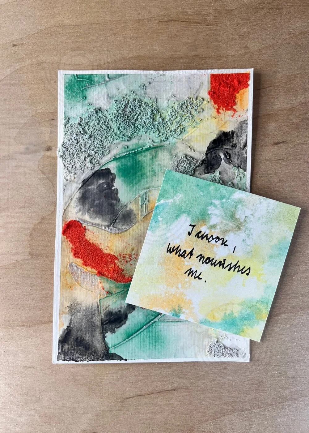 Mixed-media art “The boundary that loves” paired with affirmation “I know what nourishes me,” uniting texture, color, and words of empowerment.