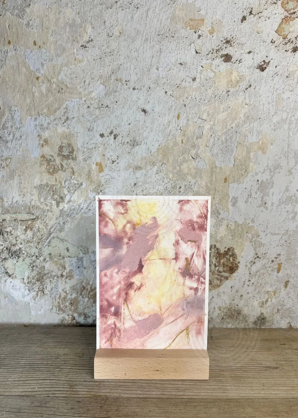 Postcard-sized original artwork “Held by Myself No. 1” – abstract tactile healing art in soft rose and golden hues, inspired by self-love and self-acceptance.