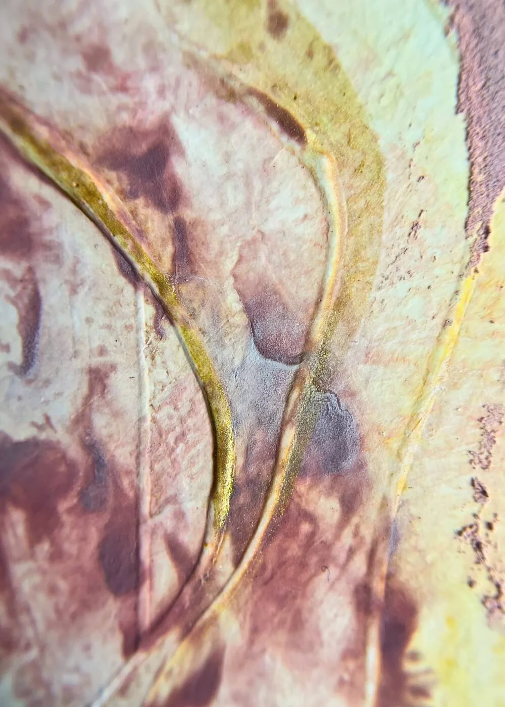 Abstract close view of “Held by Myself No. 3,” showing textured pink and golden layers blending in organic, tactile patterns.