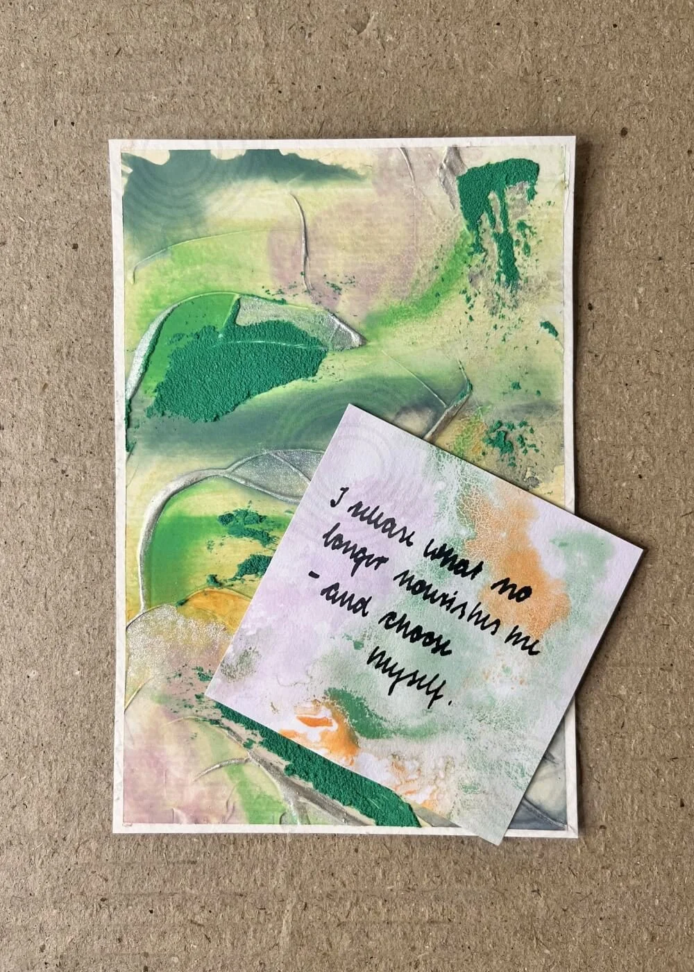 ‘In the midst of transition’ artwork with affirmation card reading I release what no longer nourishes me – and choose myself; abstract healing art for letting go and self-empowerment.