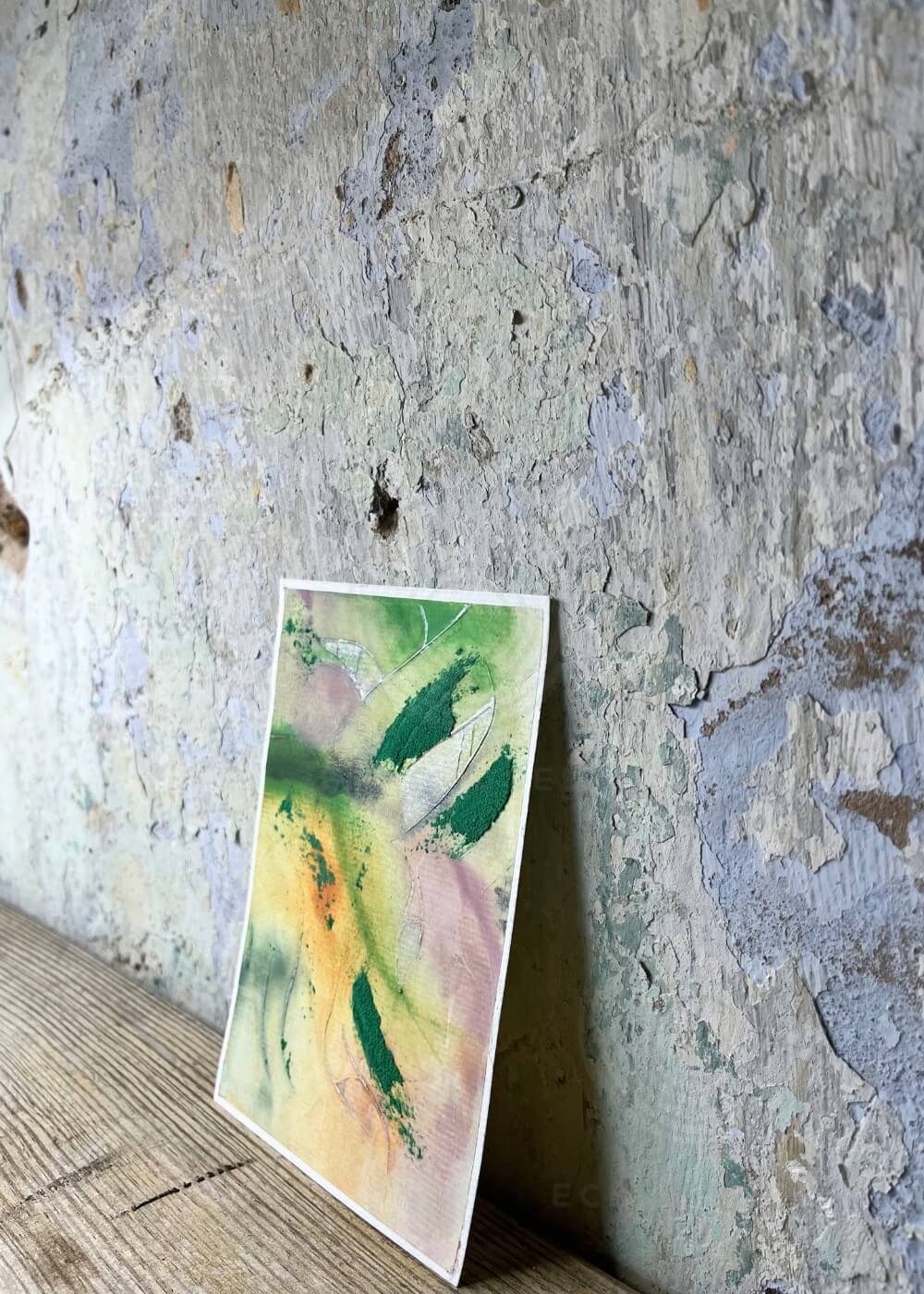 Side angle of ‘Between Lifting and Letting Go’, textured healing artwork in vibrant green and orange hues with soft violet undertones, part of Silver Feathers Rising collection.