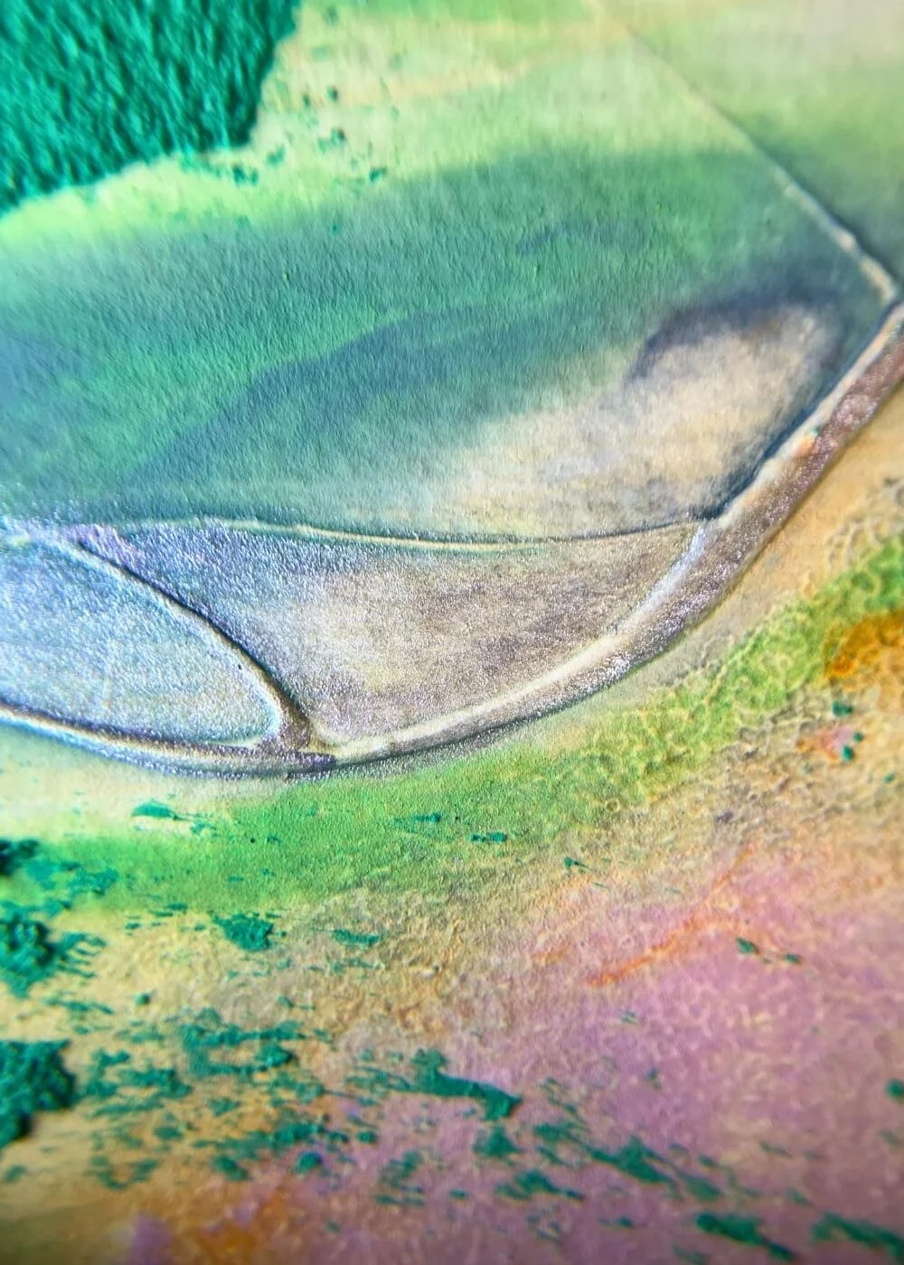 Close-up of flowing green and lilac textures in ‘In the midst of transition’, abstract art evoking the beauty of transformation and resilience.