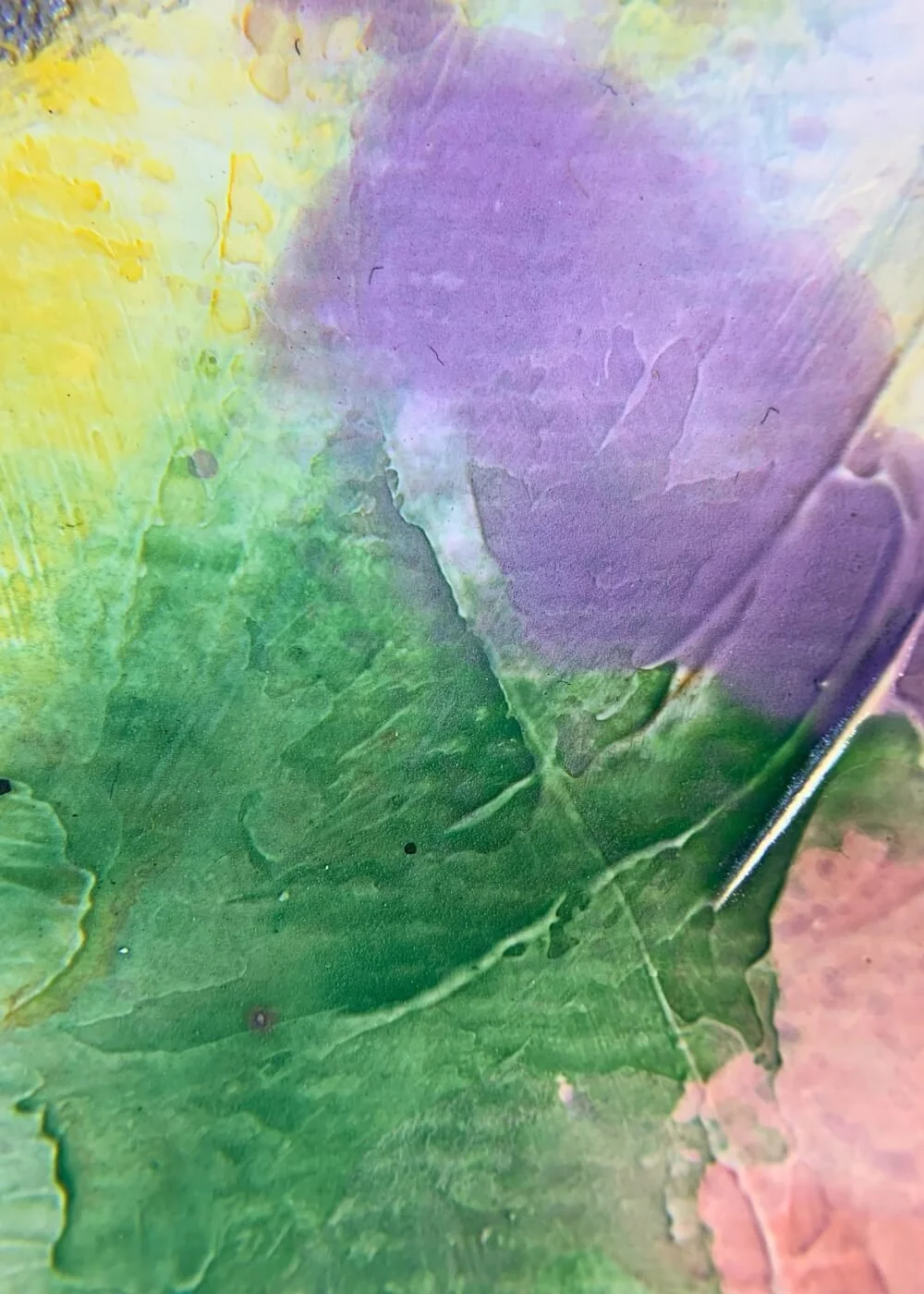 Macro detail of Between the Seconds – No. 3, highlighting layered shades of green and violet with visible texture and brushstrokes.