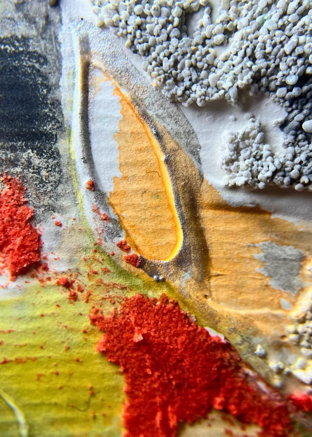 Macro shot of textured orange and grey surfaces from Risen through fire, highlighting raised structures and vibrant pigment contrasts.
