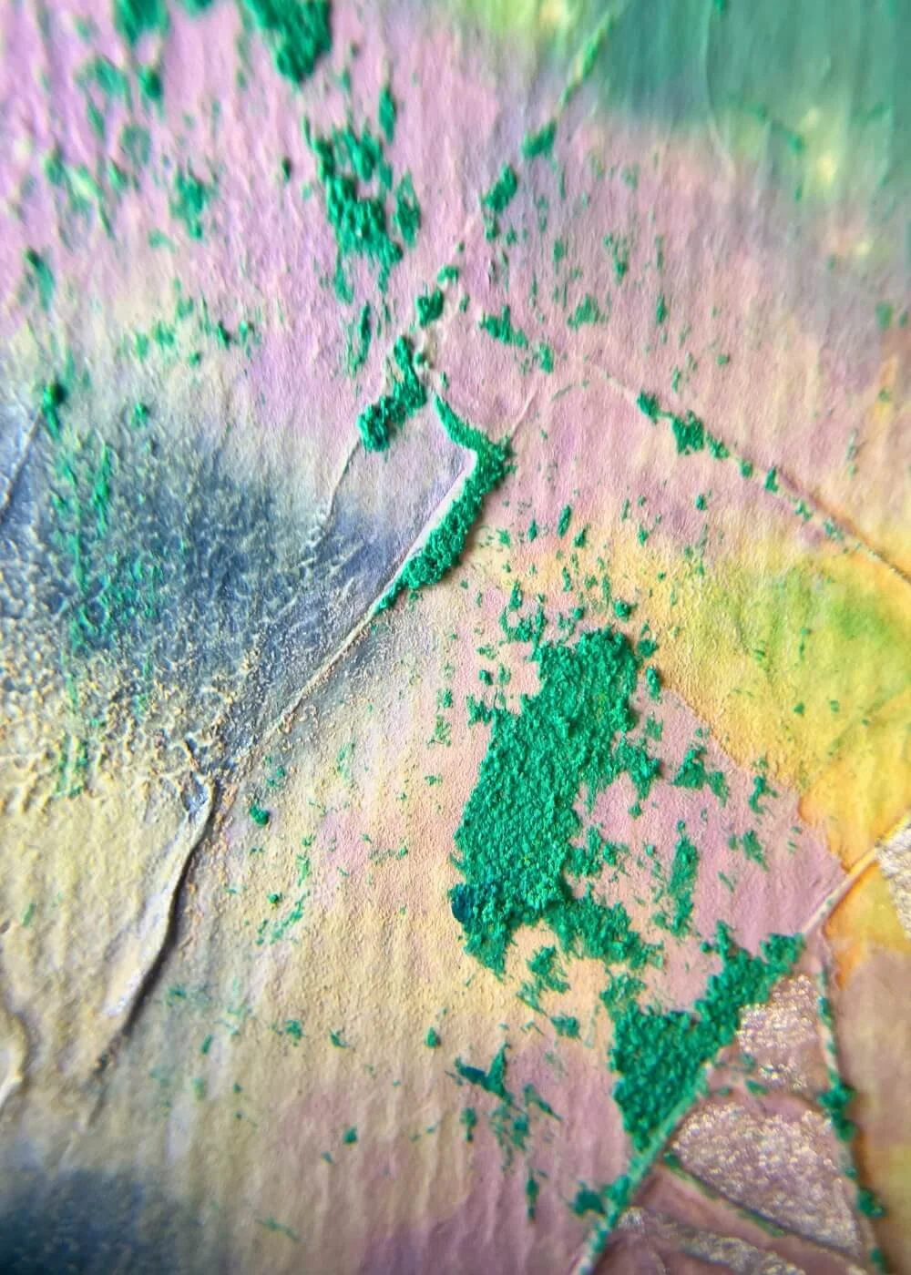 Detail shot of I have arrived highlighting layered green pigments, organic textures, and tactile depth.