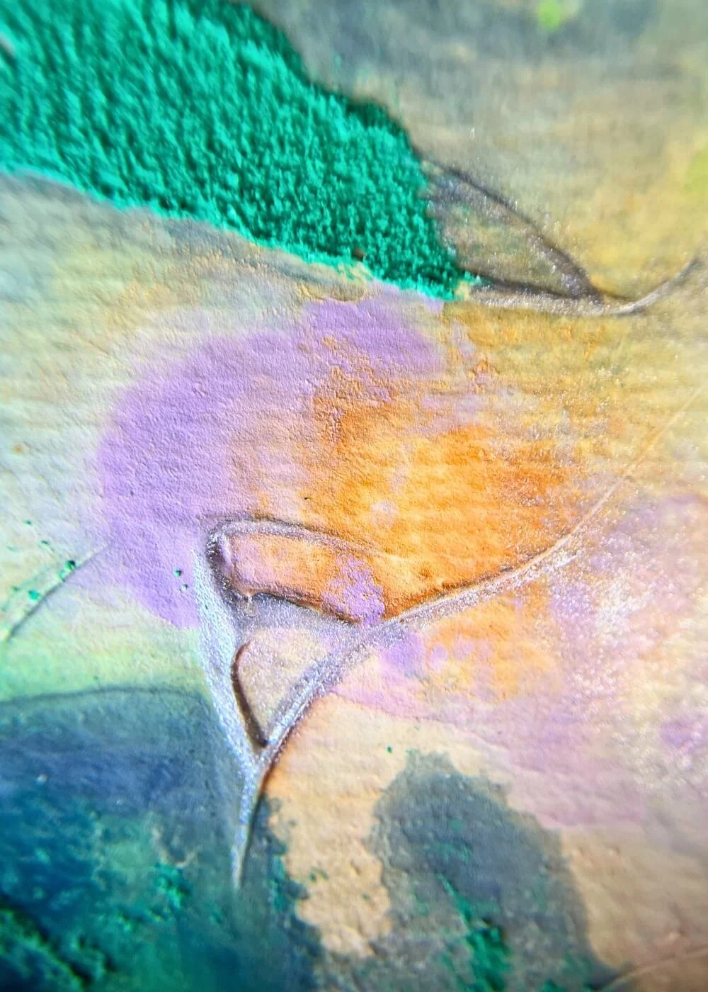 Close-up of lilac and orange textures with silver line details from ‘And something in me begins to flow’, abstract healing artwork about transformation and flow.