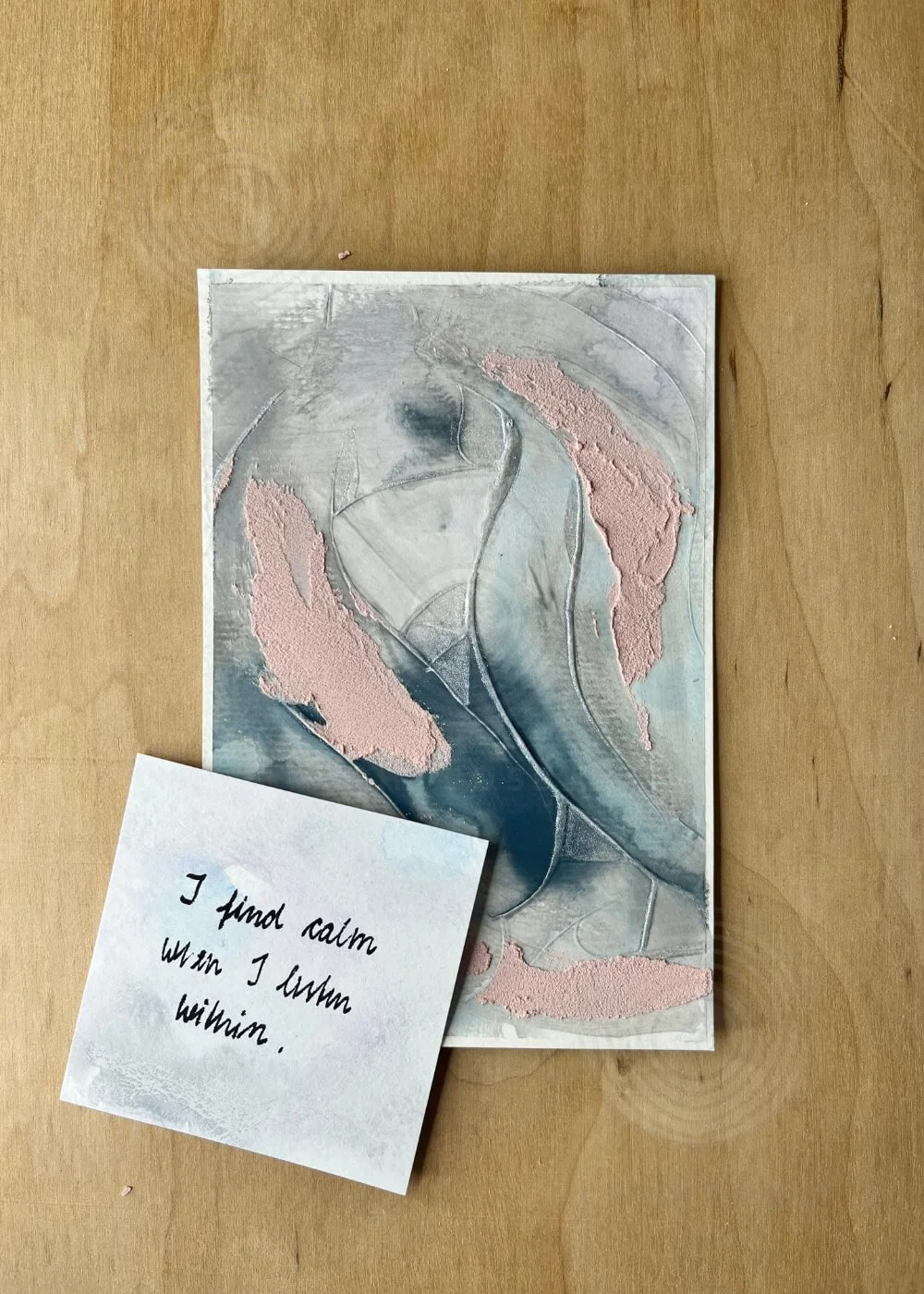 Artwork “A whisper of tomorrow” paired with handwritten note reading “I find calm when I listen within”, expressing self-healing and mindful reflection.