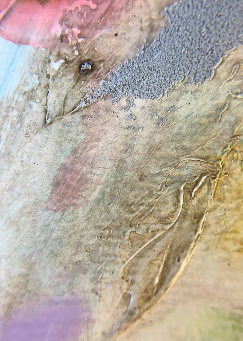 Close-up of textured abstract artwork Between the Seconds No. 5, showing earthy beige layers with hints of lavender and fine grain structure.