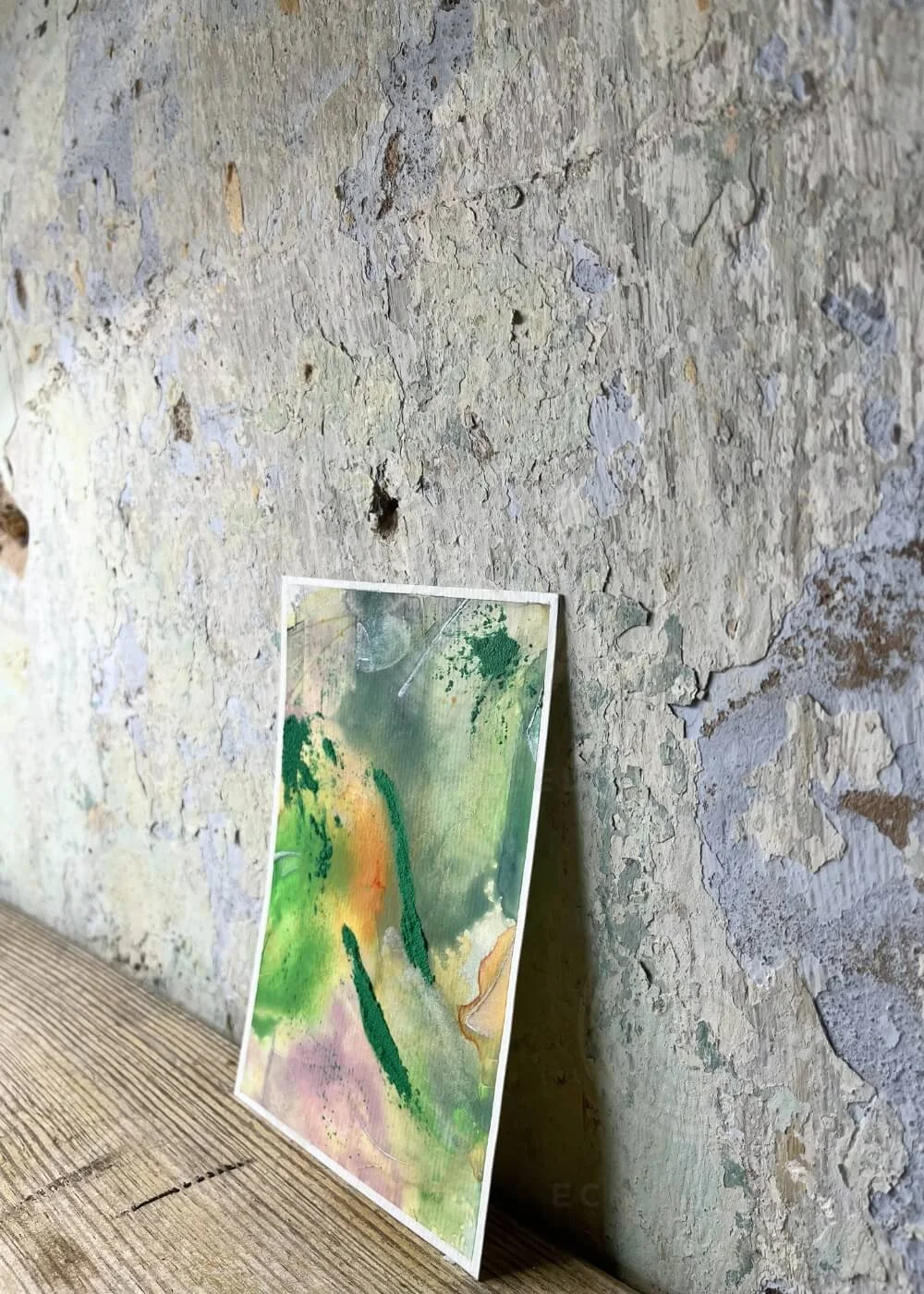 Side angle of ‘Where hope begins to root’, abstract healing artwork in textured layers of green, orange, and soft violet tones, part of Silver Feathers Rising collection.