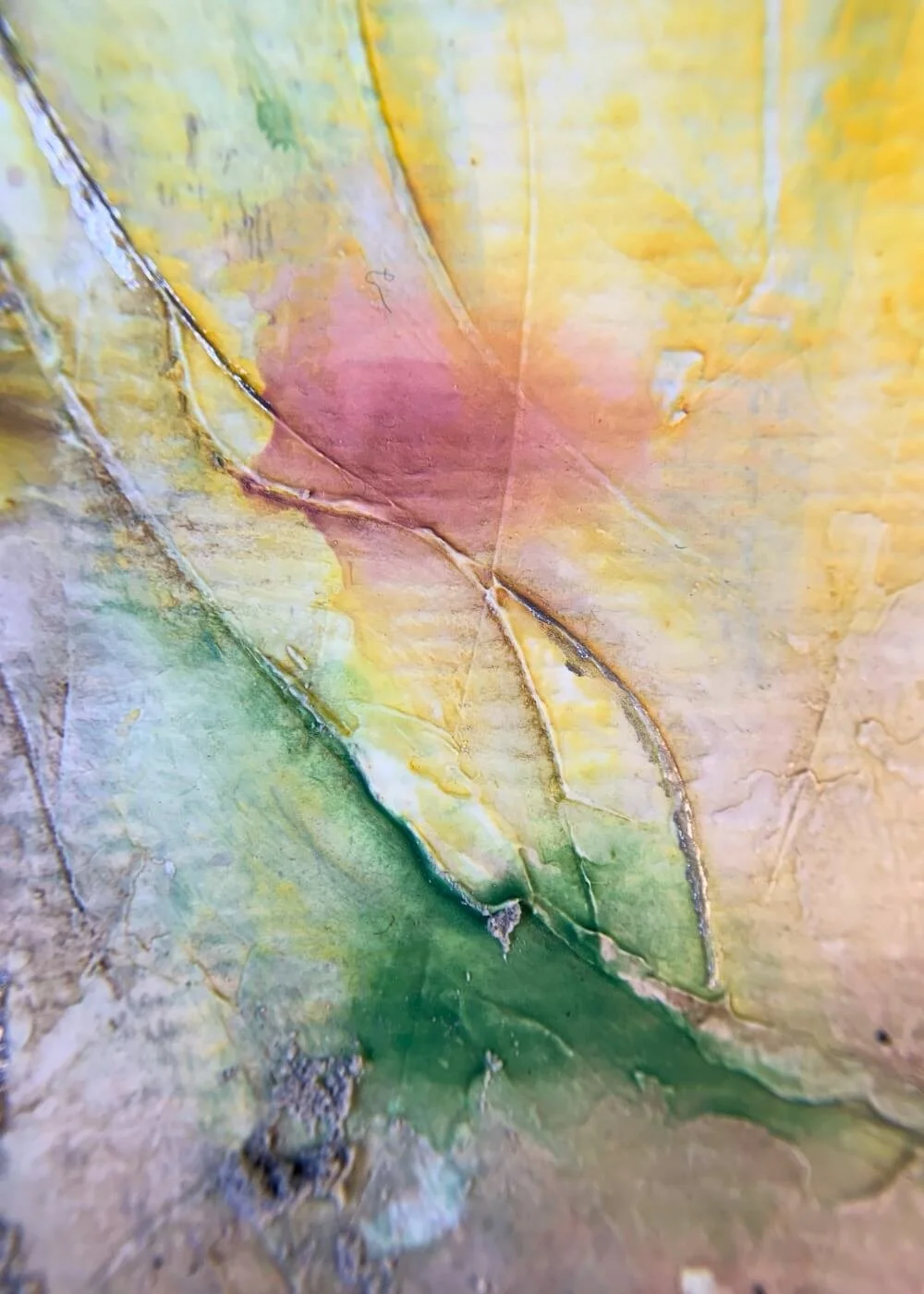 Macro detail of abstract artwork "Between the seconds No. 7" showing lilac surface with beige-brown texture and silver relief.