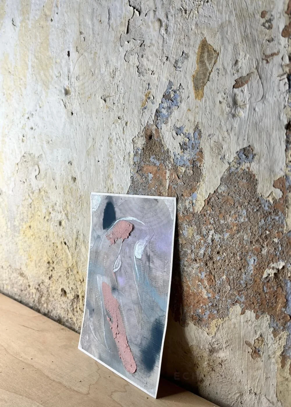 Side view of the artwork And Everything Turns Translucent, showing layered textures and muted hues that convey emotional transparency and stillness.