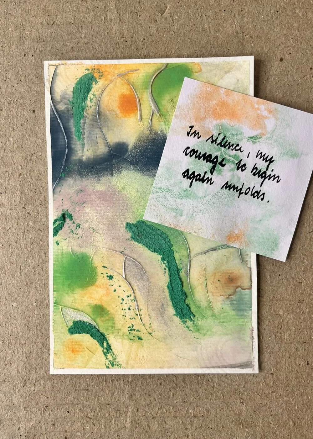 ‘Where silence whispers of freedom’ artwork with handwritten affirmation: In silence, my courage to begin again unfolds, evoking themes of resilience, healing, and spiritual transformation.