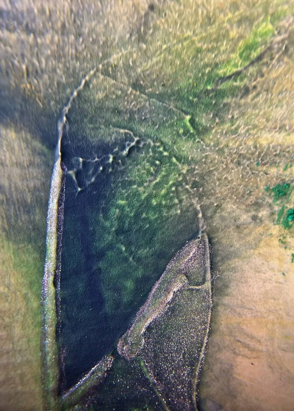 Macro detail of deep green textured pigment and silver linework in ‘Roots of Light’, abstract healing artwork evoking rootedness and inner illumination.