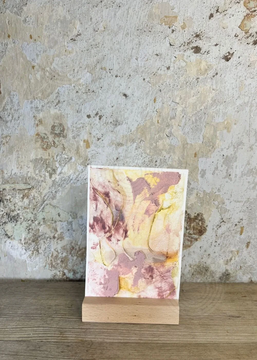 Postcard-sized original artwork “Held by Myself No. 3” – tactile healing art in soft rose, golden yellow, and earthy tones, radiating self-love and acceptance.