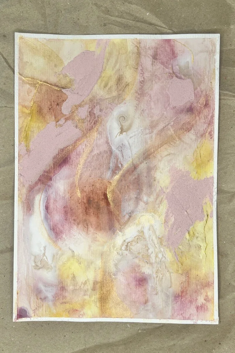 Abstract artwork from the series "Held by Myself", featuring soft brushstrokes in gold, rose, and ochre – a visual expression of self-love and healing.