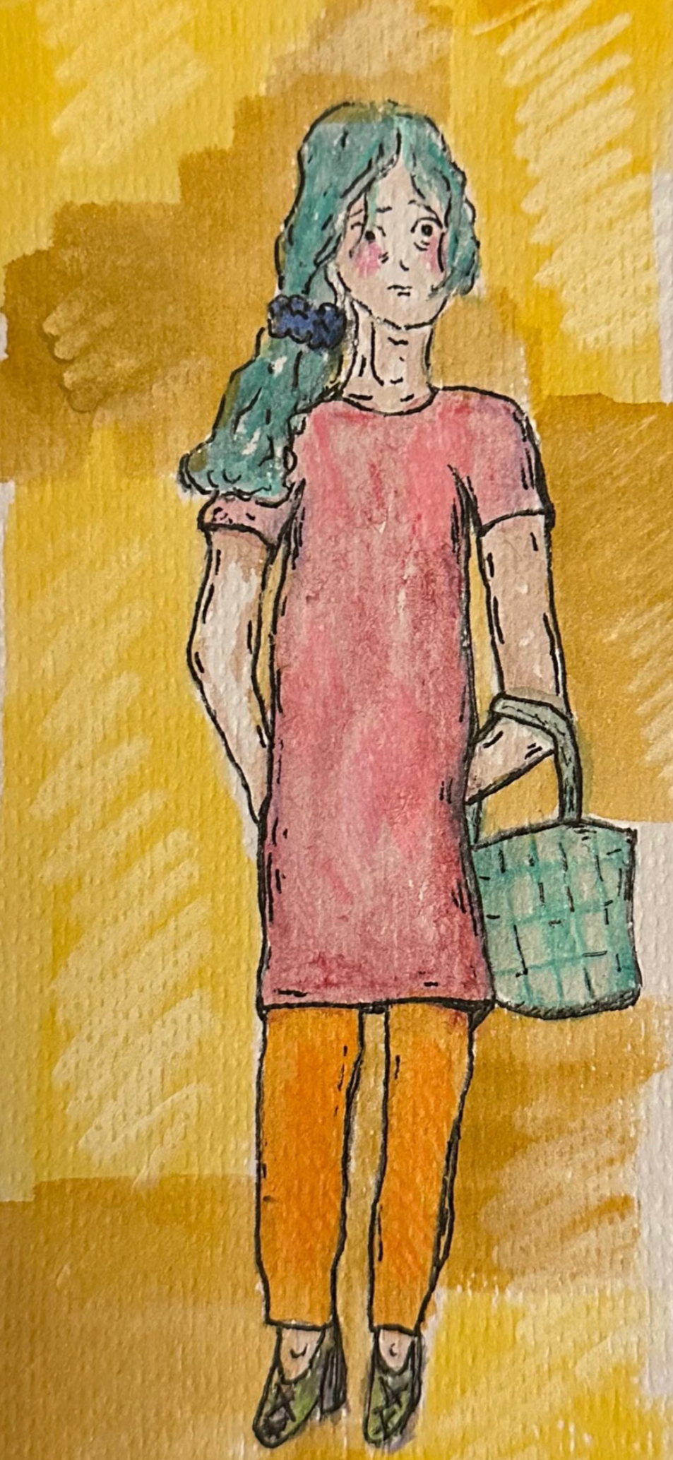 Grocery Store Lady, Ink, Colored Pencil, Water Color 2025
