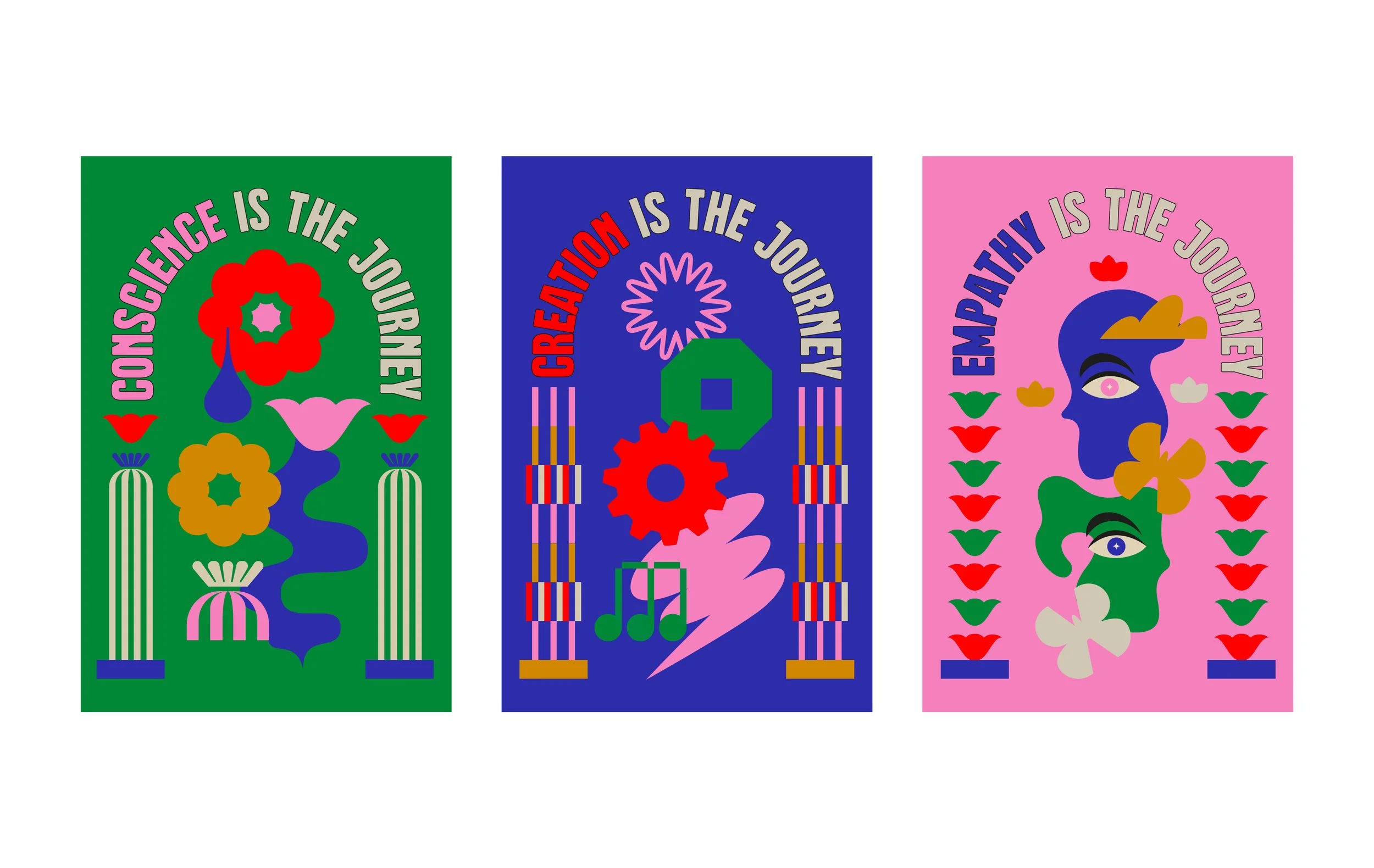 Tres carteles con diseños coloridos y frases: 'Gonzalice is the journey', 'Creatión is the journey', y 'Empathy is the journey'. Cada uno tiene elementos gráficos abstractos y florales.