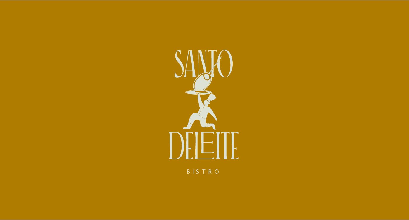 Logo del bistro 'Santo Deleite' con un dibujo de una figura recargada sosteniendo un plato con una mano y un sombrero en la otra, en un fondo marrón.