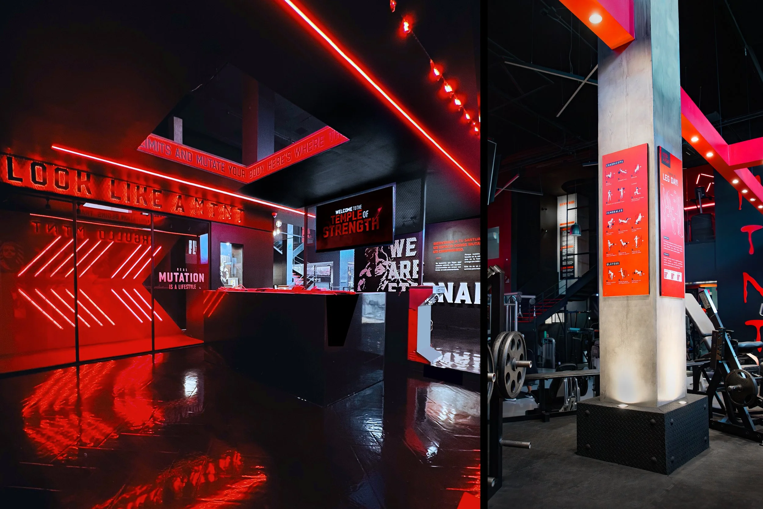 interior de gimnasio con paredes negras y luces rojas, señal que dice 'Templo de fuerza', equipo de ejercicio y estanterías con instrucciones de ejercicios