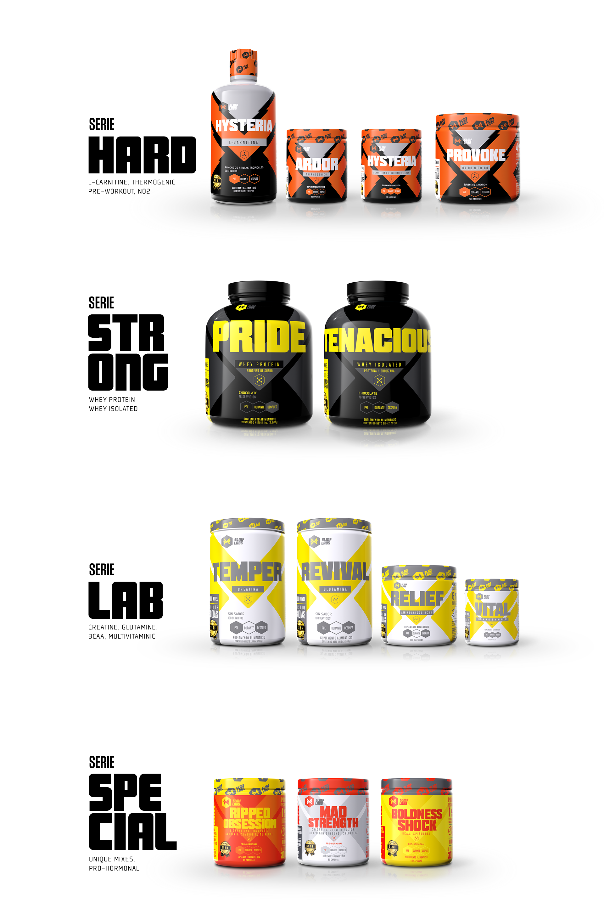 Imagen de diferentes series de suplementos deportivos: la serie HARD con productos de aminoácidos y pre-entrenos en botellas y frascos negros y naranjas, la serie STRONG con proteínas de suero en envases negros y amarillos, la serie LAB con suplementos en envases blancos y amarillos, y la serie SPECIAL con mezclas únicas en frascos rojos, blancos y amarillos.