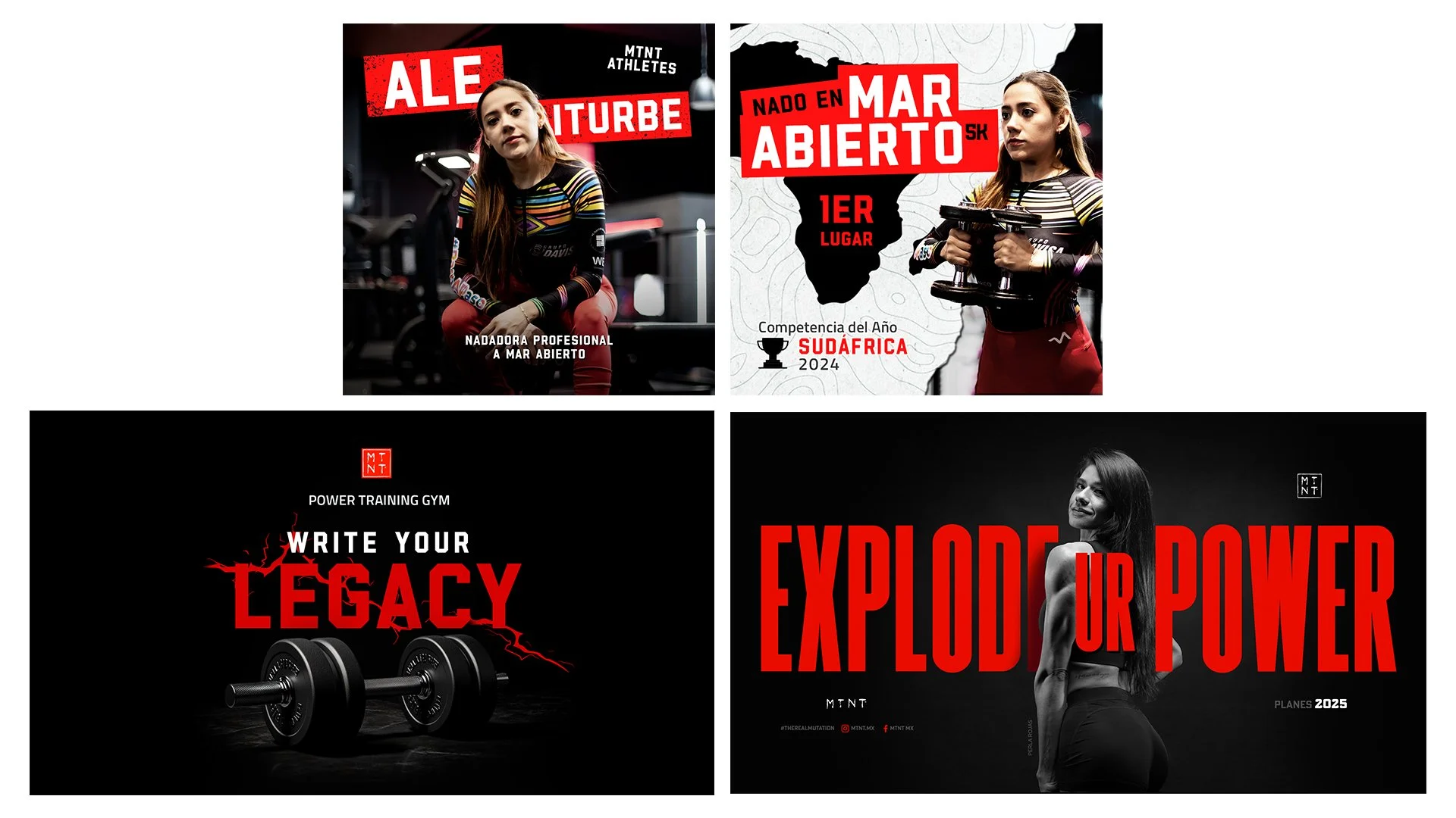 Cuatro carteles motivacionales y promocionales de entrenamiento y deporte en color negro, rojo, y blanco, con imágenes de mujeres atletas y mensajes sobre tener audacia, explorar el poder, y legacy en gimnasio y competencias deportivas.