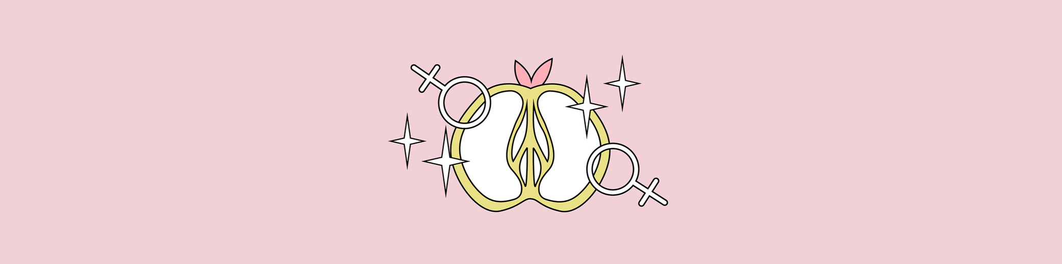 Ilustración de símbolos de género, un corazón, y destellos en un fondo rosa claro.