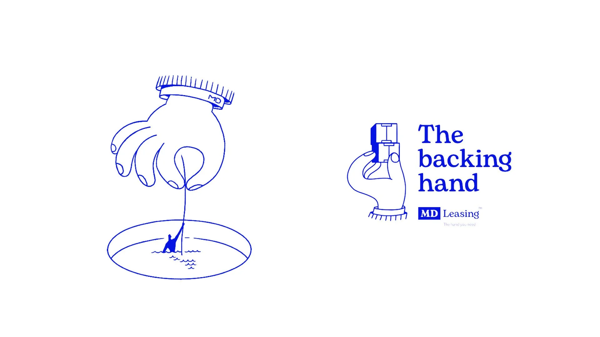 Ilustración de una mano con una venda que sostiene un aparato de mano y más abajo, una mano que tira de una cuerda que entra en un pozo. Texto en inglés: 'The backing hand' y 'MD Leasing'.