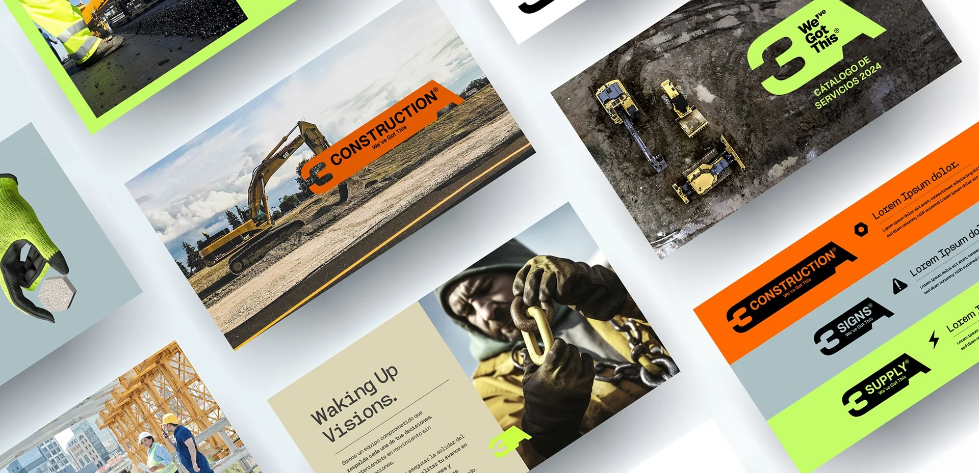 Varias láminas de publicidad de una empresa de construcción, con imágenes de maquinaria pesada y trabajadores en obra, textos en inglés y logotipos en colores naranjas, verdes y gris.
