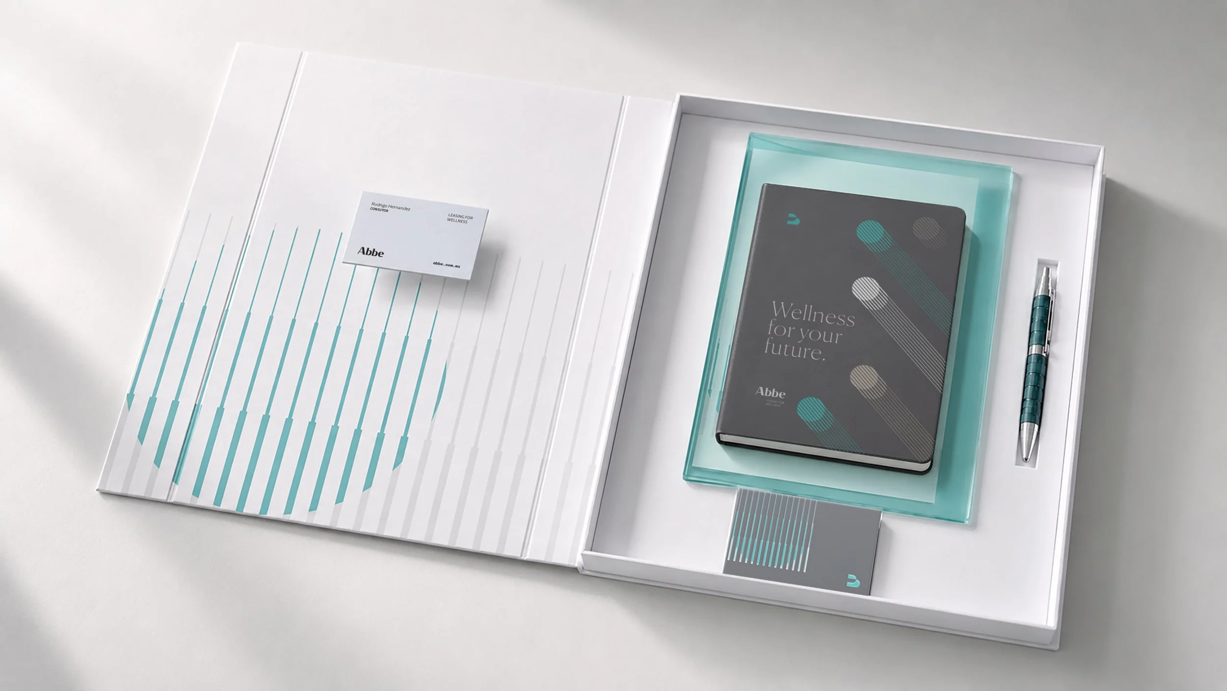 Caja con folleto, tarjeta de presentación, bolígrafo y cuaderno con diseño en tonos gris y azul para bienestar y futuro.