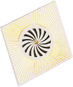 Pin con un espiral negro y haces de luz dorados.