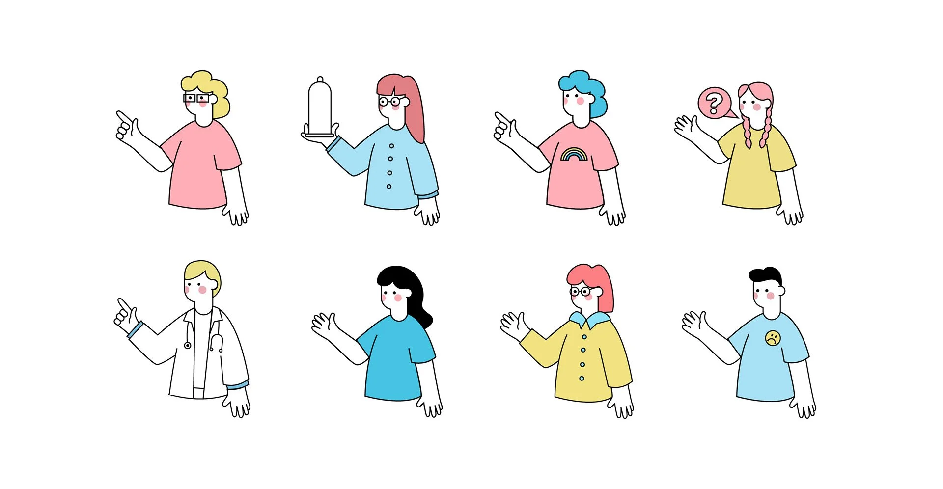 Ilustración de personas representando diferentes profesiones y emociones, incluyendo una médica, una enfermera, una persona con arcoíris, una con signo de interrogación, y una con expresión triste.