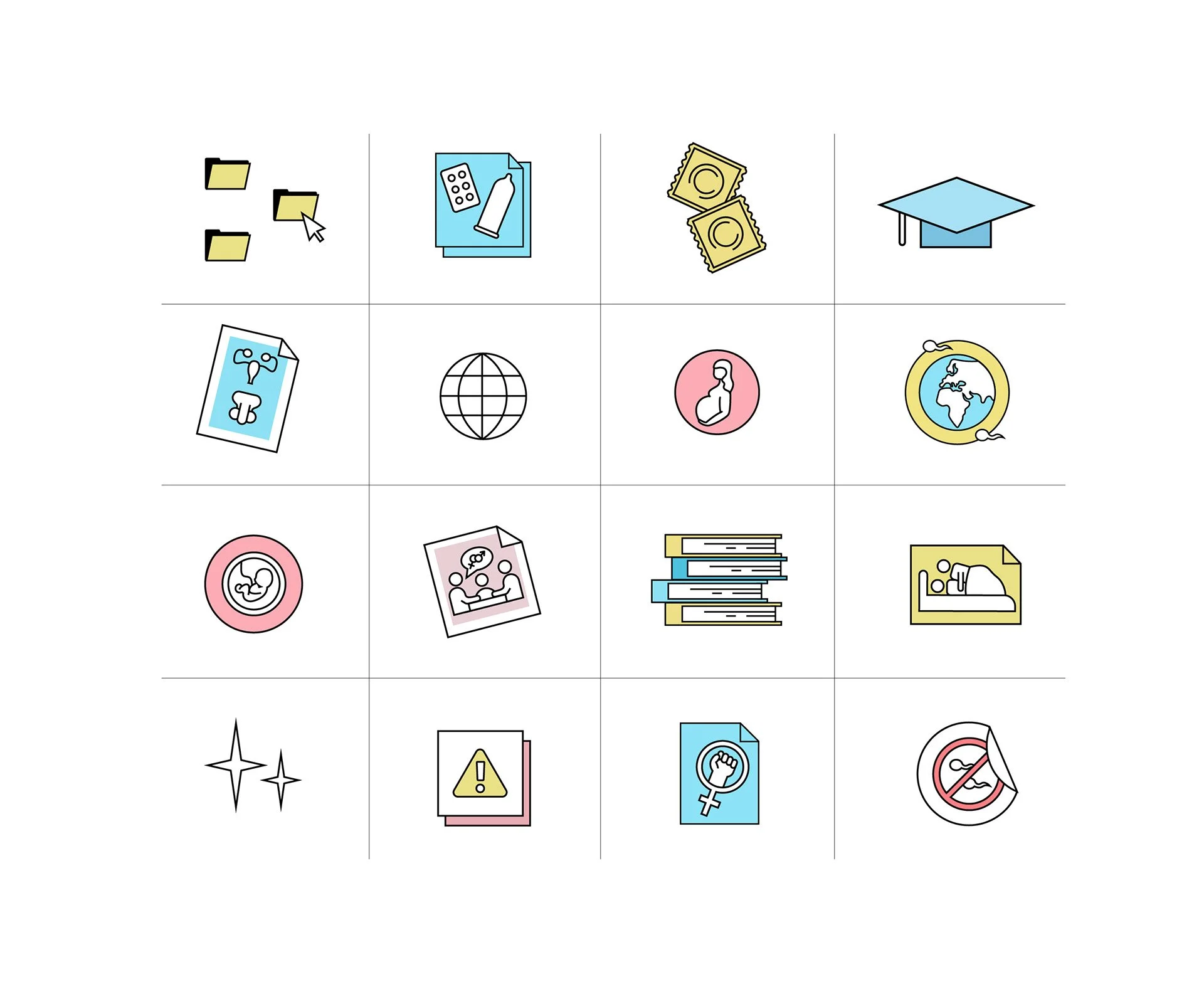 Carpetas, medicamentos, dinero, gorra de graduación, y otros íconos relacionados con temas de salud, educación y global, en un diseño de íconos digitales.