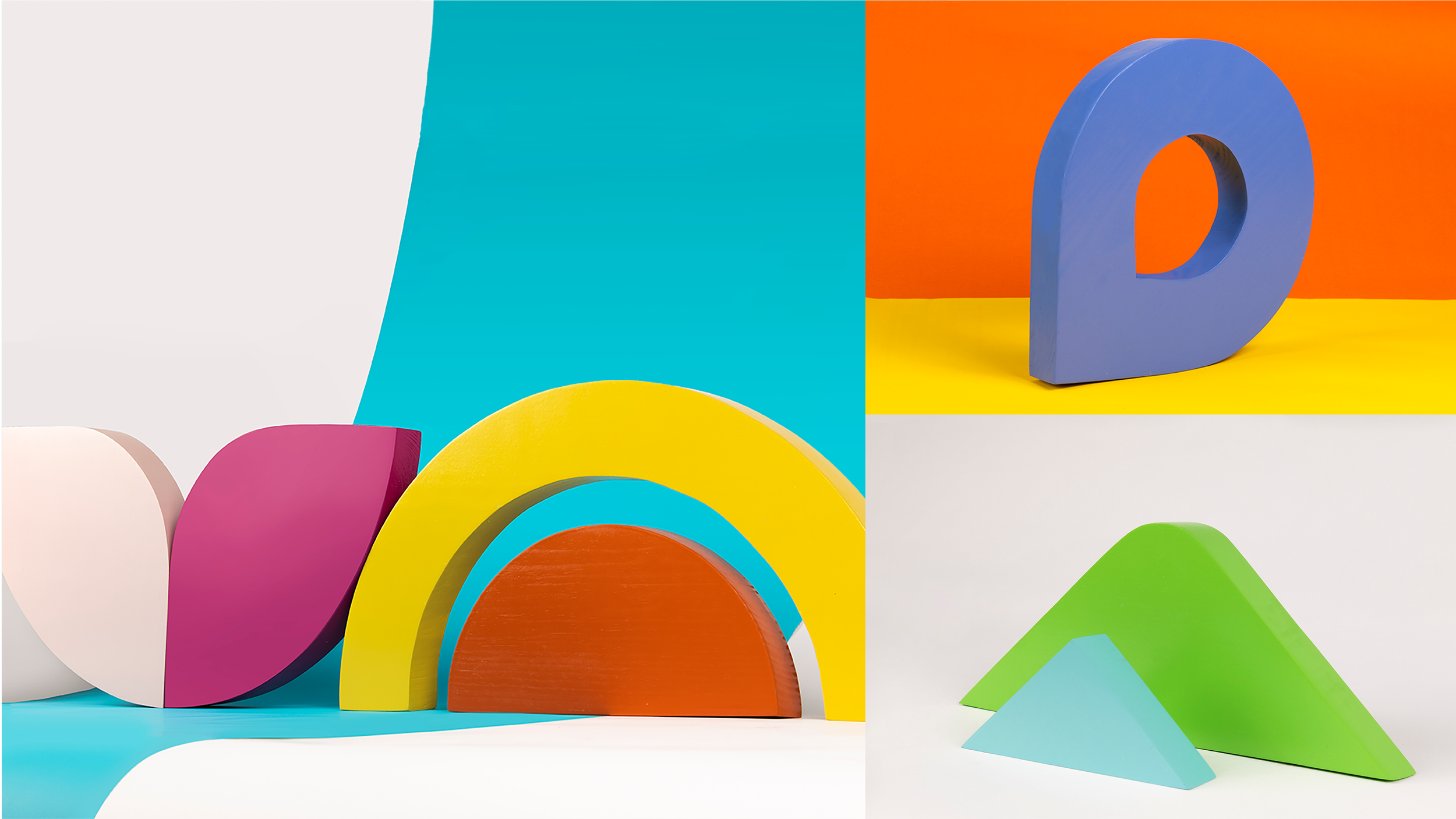 Conjunto de objetos coloridos y geométricos, incluyendo arcos, conos, y letras en un fondo multicolor. La imagen presenta formas abstractas y vibrantes en tonos de rosa, amarillo, naranja, verde y azul.
