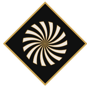 Diseño circular abstract con forma de espiral en tonos claros sobre fondo oscuro y borde dorado