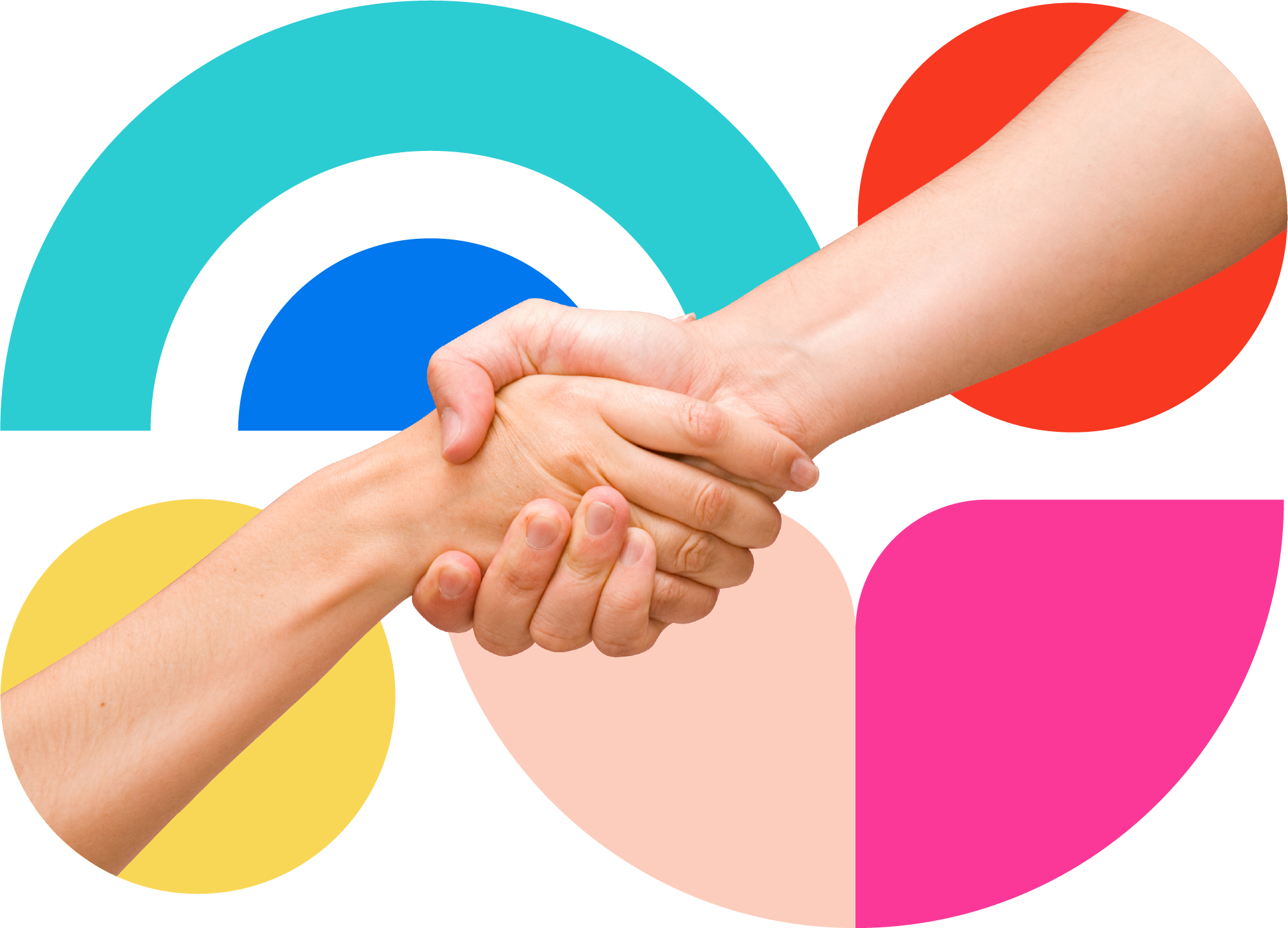 Dos manos entrelazadas en un apretón amistoso con un fondo de círculos de colores, incluyendo azul, amarillo, rosa, y rojo