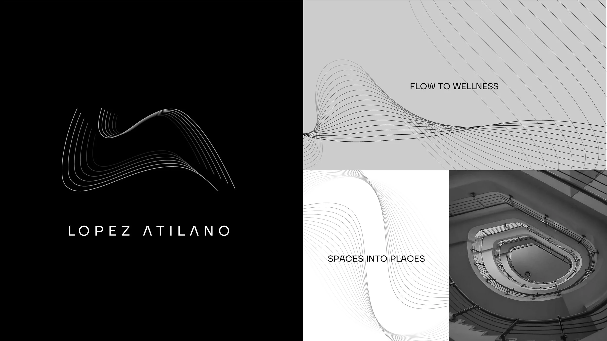 Portada con diseño de líneas onduladas en tonos blanco y negro, texto en inglés y español 'Flow to Wellness', 'Spaces into Places', y el nombre 'Lopez Atilano', además de imágenes de interiores de edificios con escaleras y pasillos.