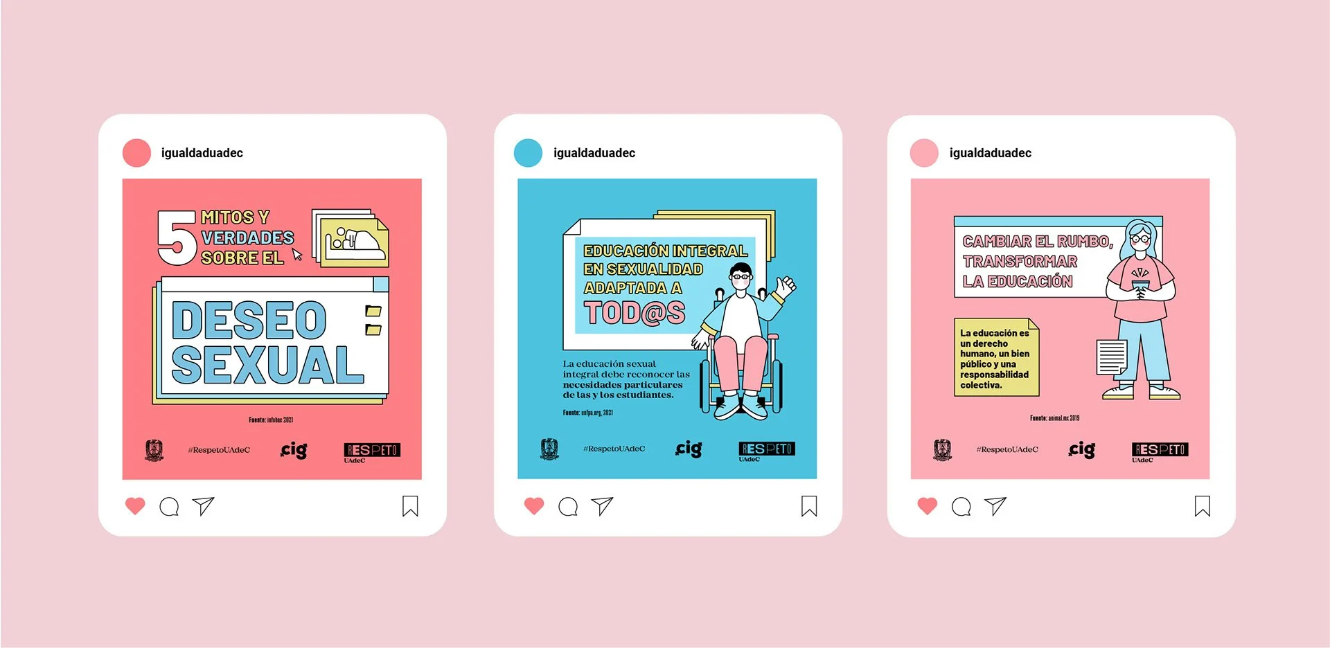 Tres carteles con temas de educación, sexualidad y derechos, ilustraciones de personas y textos en español, en colores rosa y azul.