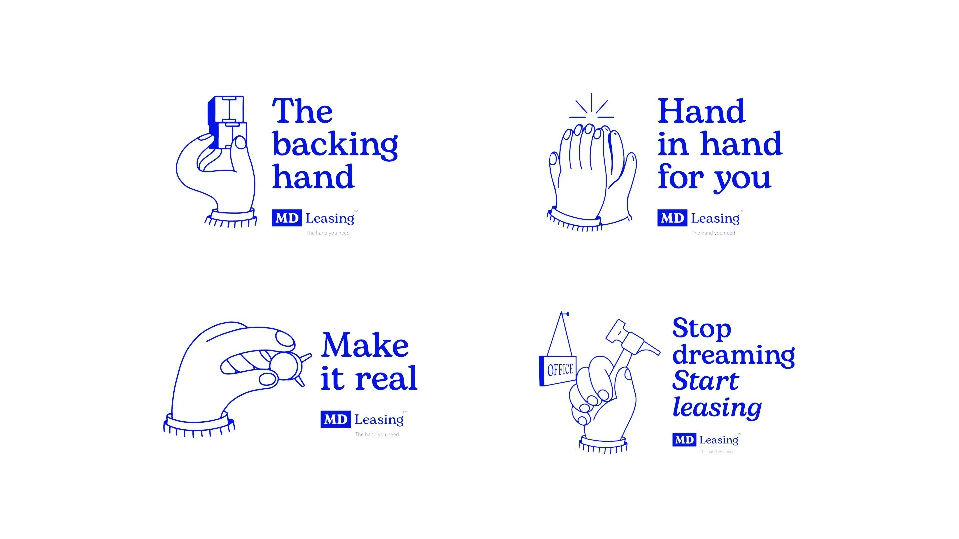 Serie de ilustraciones en azul de manos realizando diferentes acciones, acompañadas de frases en inglés relacionadas con acciones o actitudes positivas y de leasing, como 'La mano que respalda', 'Mano en mano para ti', 'Hazlo realidad', y 'Deja de soñar, comienza a arrendar'.