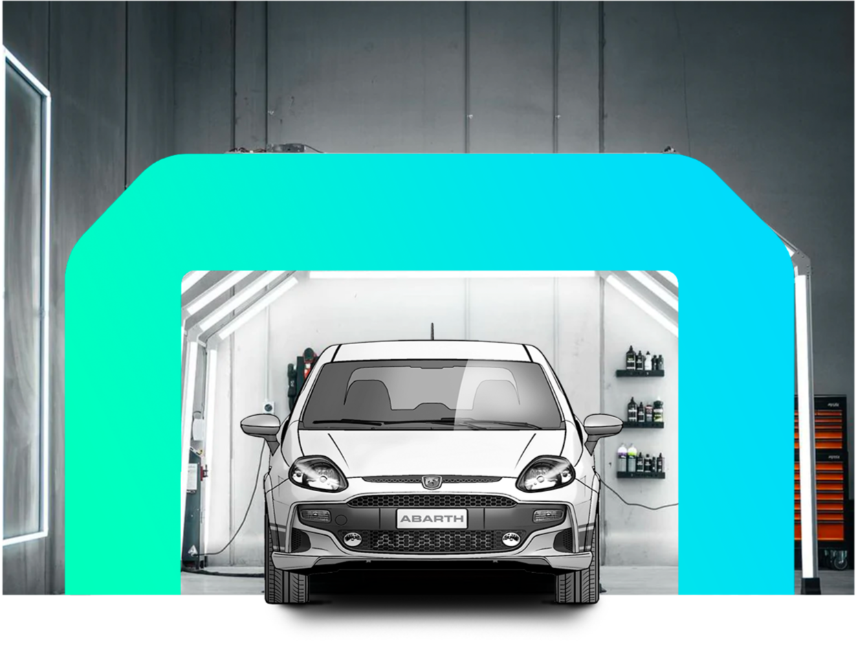 Dibujo de un auto gris Abarth en un taller de lavado con fondo gris y estantes con productos de cuidado para autos.