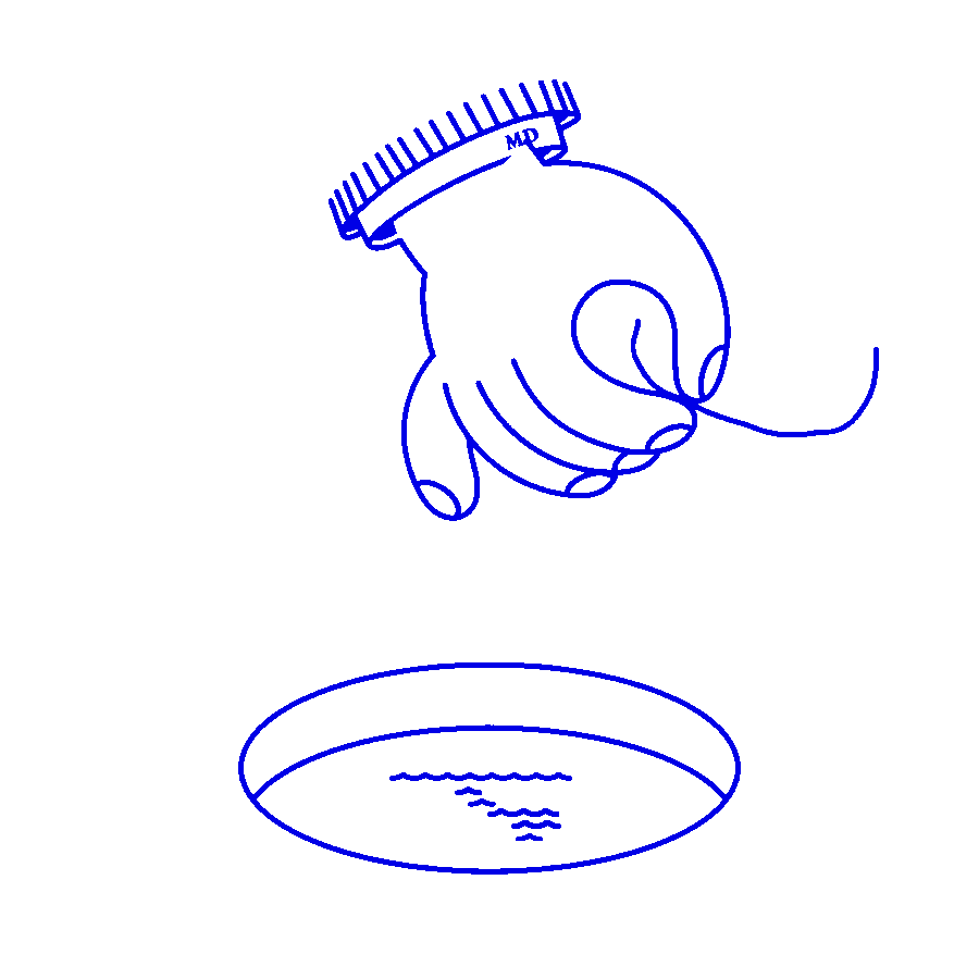Un dibujo esquemático de una mano tejiendo con una aguja de tejer con lazos, y una serie de pequeños hilos en un recipiente redondo, todo dibujado con líneas azules en un fondo negro.