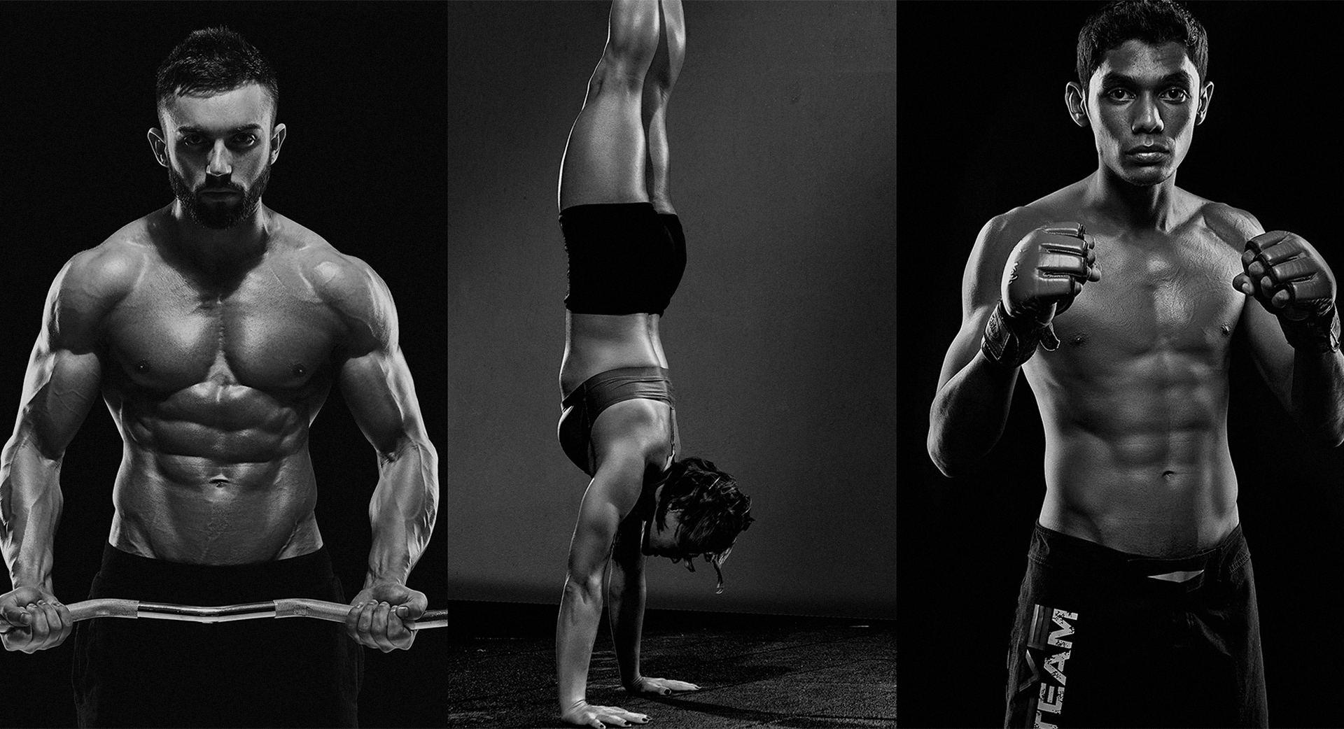 Tres personas musculosas en black and white, una con pesas, otra en una postura de yoga invertida y otra con guantes de boxeo.