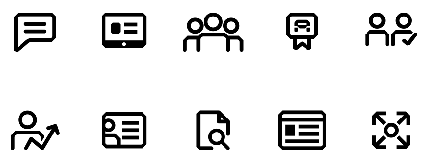 Conjunto de iconos relacionados con comunicación, reuniones, navegación y búsqueda de información.