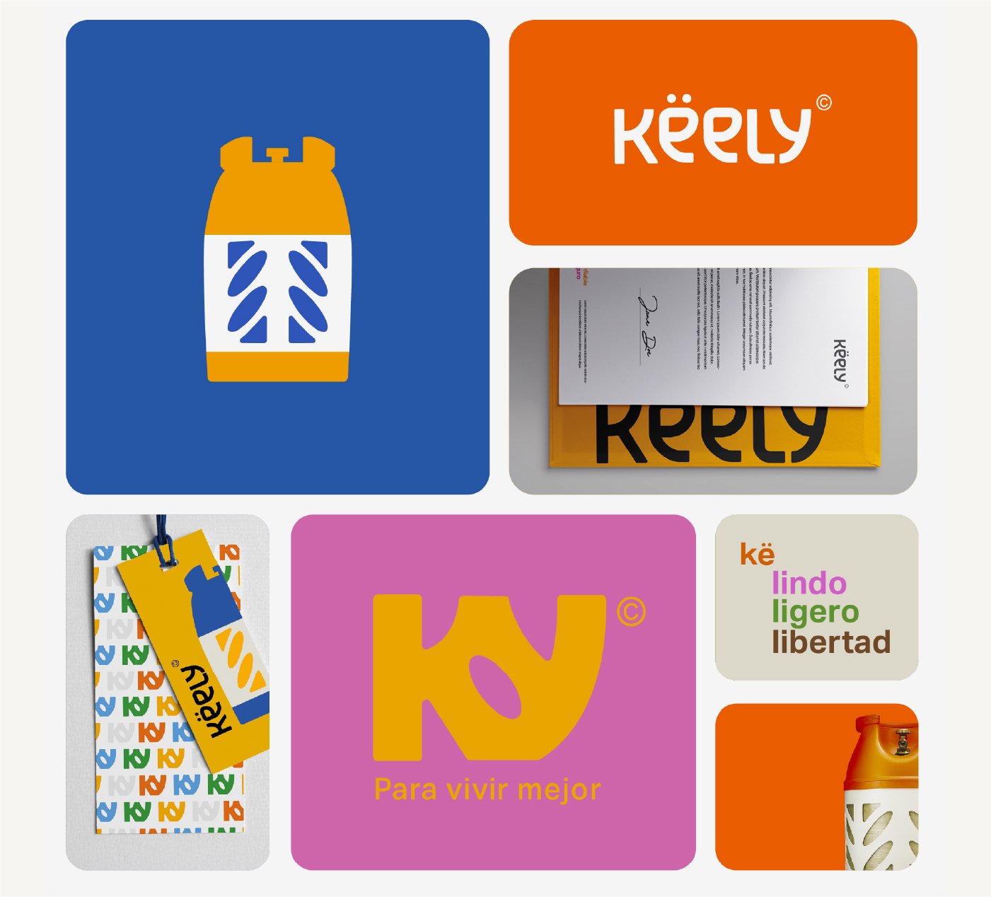 Imagen que muestra productos y materiales de la marca Këely, incluyendo una botella, etiquetas, una tarjeta, un folleto y una palabra en colores con significado positivo.
