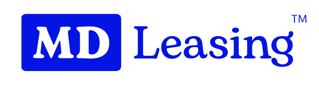 Logotipo de MD Leasing en colores azul y blanco.