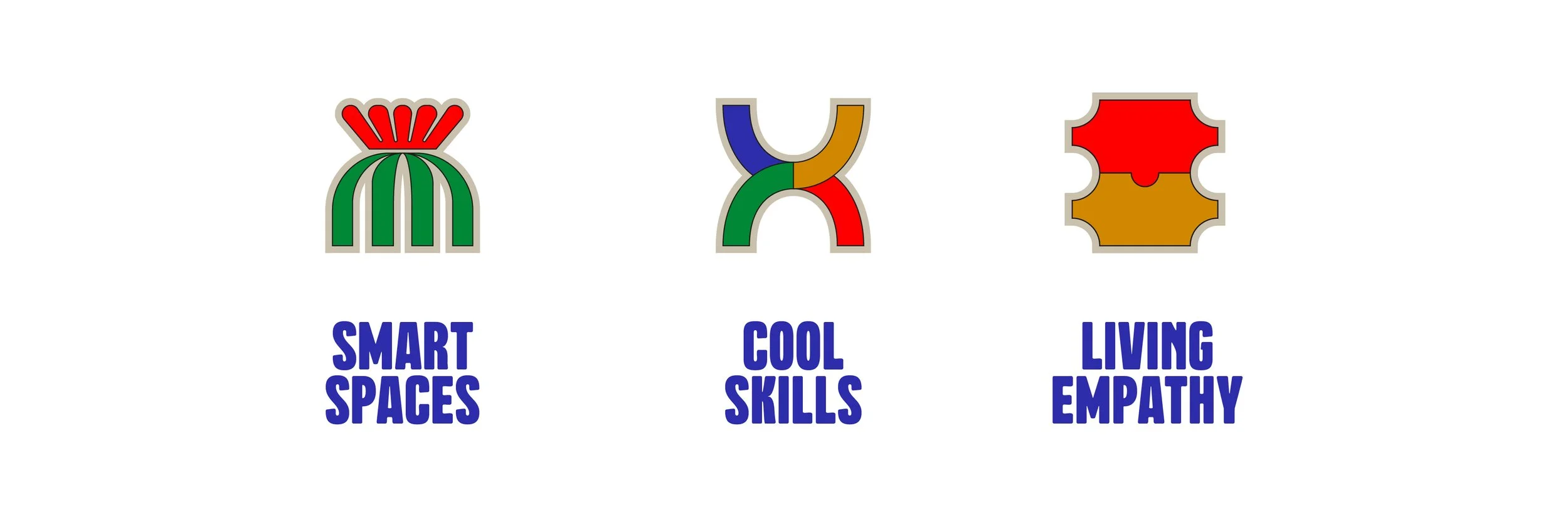 Tres logotipos con texto en inglés que representan conceptos: el primero tiene un diseño colorido con líneas verdes, rojas y gris, y debajo dice "Smart Spaces"; el segundo tiene formas curvas en azul, verde, amarillo y rojo y dice "Cool Skills"; el tercero tiene un diseño en forma de piezas de rompecabezas en rojo, verde y marrón y dice "Living Empathy".