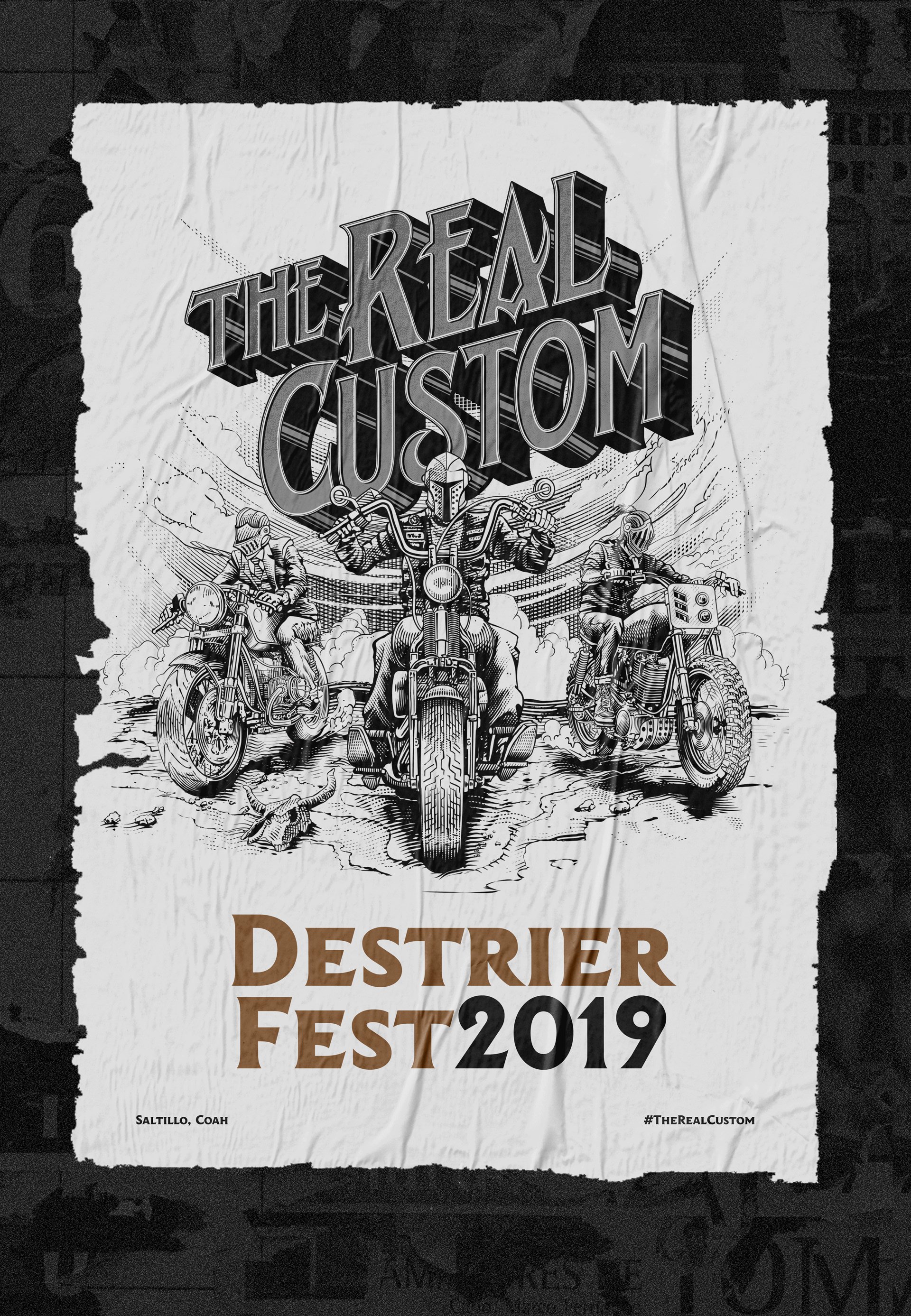 Póster del evento 'The Real Custom' mostrando motociclistas en una escena de acción, con textos 'Destrier Fest 2019', 'Saltillo, Coahuila' y '#TheRealCustom'.