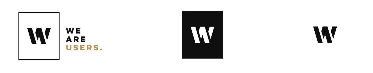 Logotipo con letra W en un recuadro, seguido por el texto "WE ARE USERS" en letras negras y doradas, en diferentes estilos de fuente.