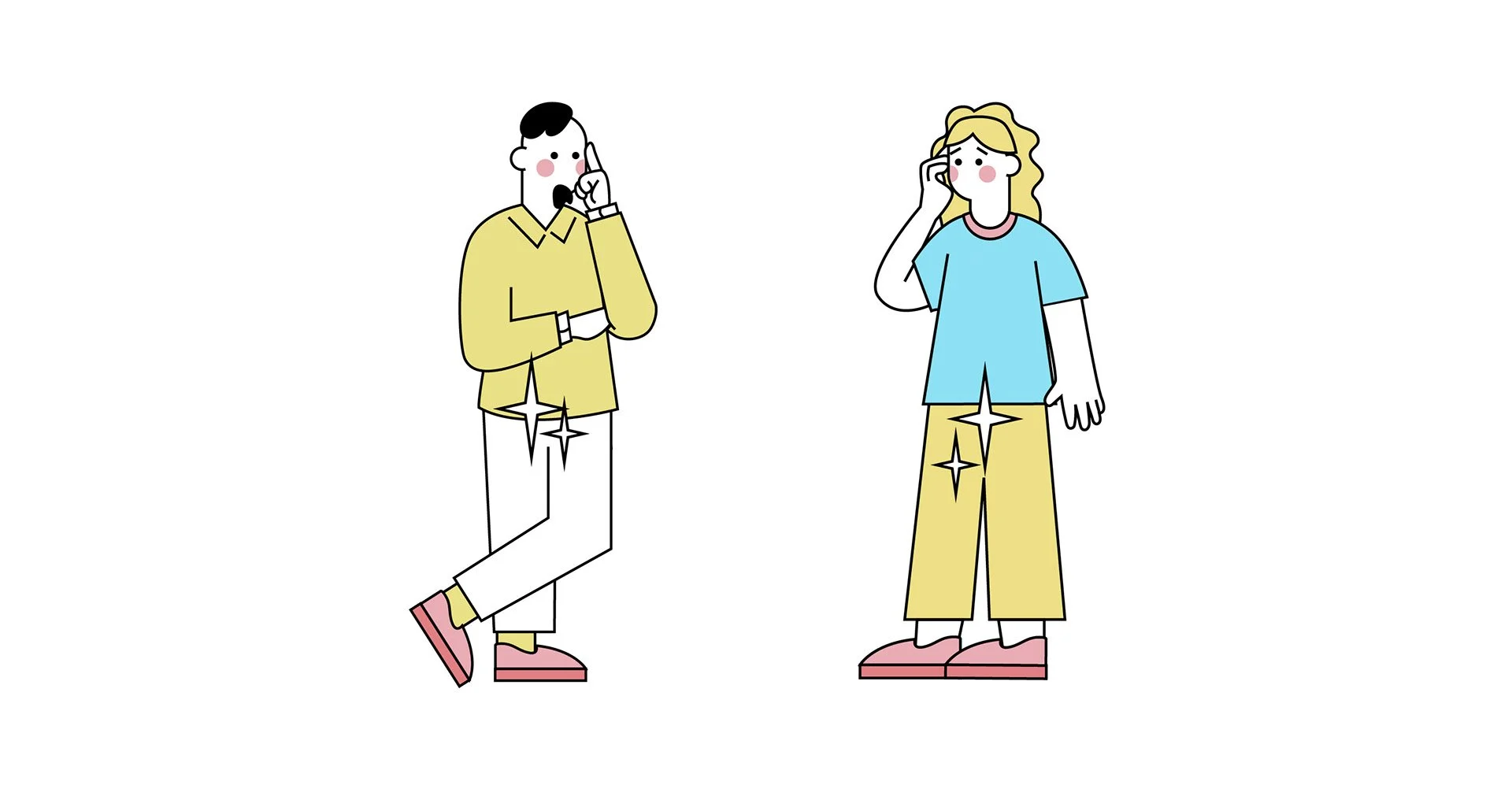 Ilustración de un hombre y una mujer hablando por teléfono, ambos con ropa de pijama y con piel brillante. Ella tiene cabello rubio y usa un pantalón amarillo y camiseta azul, mientras él tiene cabello oscuro y usa un pantalón blanco y sudadera beige.